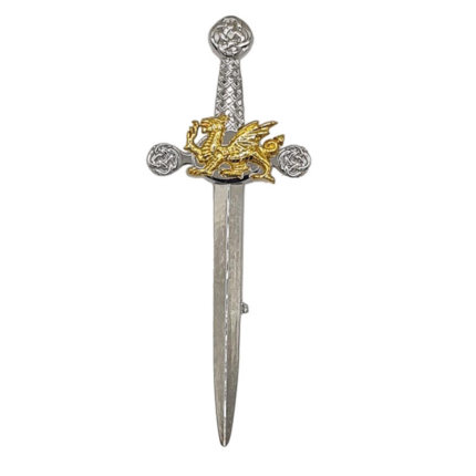 Pewter Kilt Pin Gilt Plate Dragon Crest  - Chrome Plate - In Black Kilt Pin Box