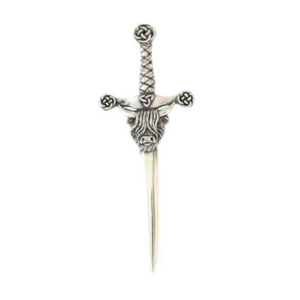 Pewter Kilt Pin - Highland Coo - Bright - In Black Kilt Pin Box
