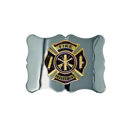 Plain Scalloped Buckle - Chrome Plated - with Gilt Fire Department Crest - Red Enamel